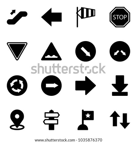 Solid vector icon set - escalator up vector, left arrow, side wind, stop road sign, giving way, rough, detour, circle, only right, download, map pin, signpost, flag, down arrows