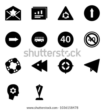 Solid vector icon set - star letter vector, statistics report, round motion road sign, only forward, right, bus, minimal speed limit, end, friends, fast backward, target, paper fly, brain work