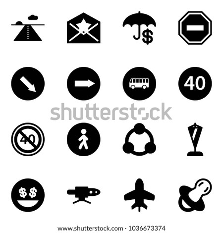 Solid vector icon set - runway vector, star letter, insurance, no way road sign, detour, only right, bus, minimal speed limit, end, pedestrian, social, pennant, money smile, pipe welding, toy plane