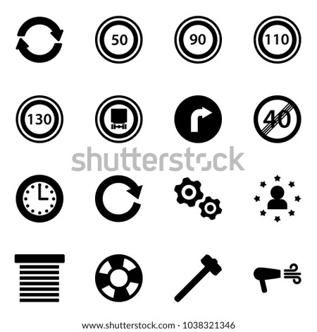 Solid vector icon set - exchange vector, speed limit 50 road sign, 90, 110, 130, no dangerous cargo, only right, end, time, reload, gears, star man, jalousie, lifebuoy, sledgehammer, dryer