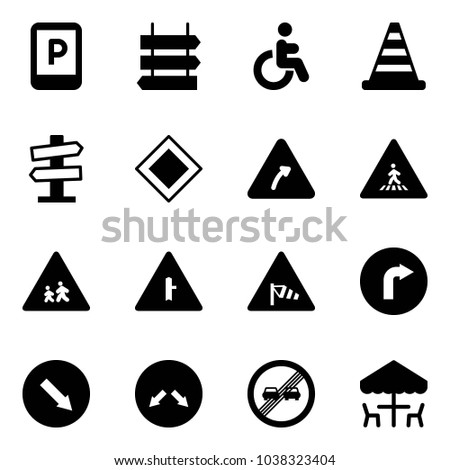Solid vector icon set - parking sign vector, post, disabled, road cone, signpost, main, turn right, pedestrian, children, intersection, side wind, only, detour, end overtake limit, outdoor cafe