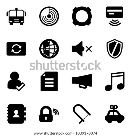 Solid vector icon set - airport bus vector, radar, currency, tap pay, card exchange, globe, volume off, shield, user check, document, loudspeaker, music, contact book, wireless lock, fretsaw