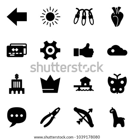 Solid vector icon set - left arrow vector, sun, garland, heart, credit card, gear, like, cloud, bank building, crown, bungalow, butterfly, chat, pliers, bow, toy giraffe