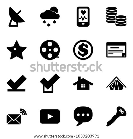 Solid vector icon set - satellite antenna vector, snowfall, mobile heart monitor, coin, star, film coil, dollar, schedule, check, home, tent, wireless mail, playback, chat, screw