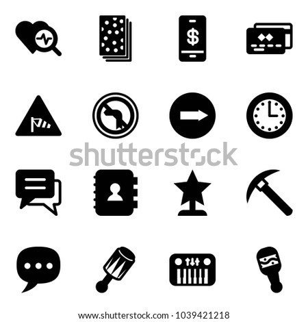 Solid vector icon set - heart diagnosis vector, breads, mobile payment, credit card, side wind road sign, no left turn, only right, time, chat, contact book, award, rock axe, beanbag, toy piano