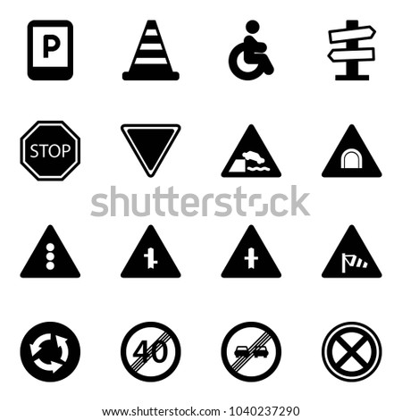 Solid vector icon set - parking sign vector, road cone, disabled, signpost, stop, giving way, embankment, tunnel, traffic light, intersection, side wind, circle, end speed limit, overtake, no