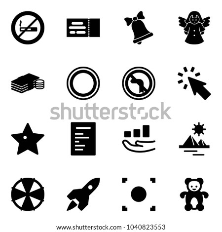 Solid vector icon set - no smoking sign vector, ticket, bell, angel, cash, prohibition road, left turn, cursor, star, document, growth, pyramid, parasol, rocket, record button, bear toy
