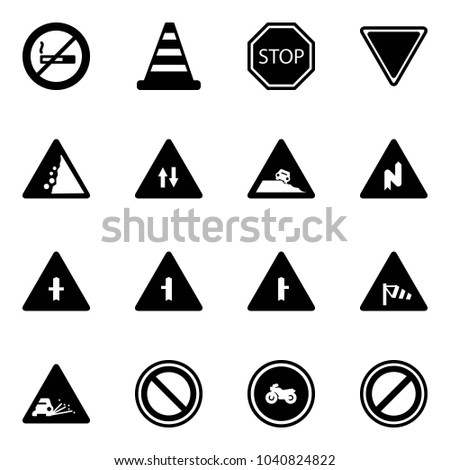 Solid vector icon set - no smoking sign vector, road cone, stop, giving way, landslide, oncoming traffic, steep roadside, abrupt turn right, intersection, side wind, gravel, prohibition, moto