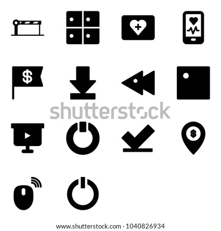 Solid vector icon set - barrier vector, baggage room, first aid kit, mobile heart monitor, dollar flag, download, fast backward, presentation board, standby, check, atm map pin, mouse wireless