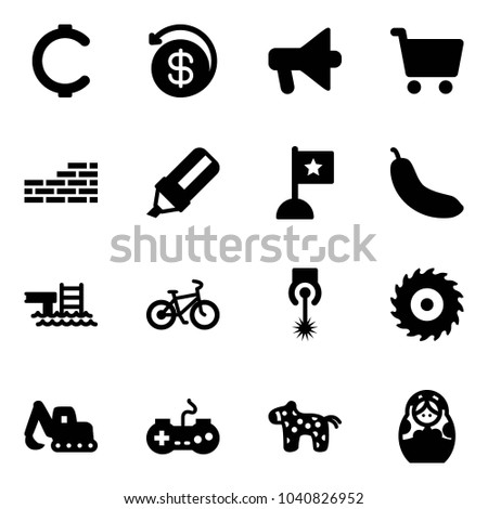 Solid vector icon set - cent vector, money back, loudspeaker, cart, brick wall, highlight marker, flag, banana, pool, bike, laser, saw disk, excavator toy, gamepad, horse, russian doll