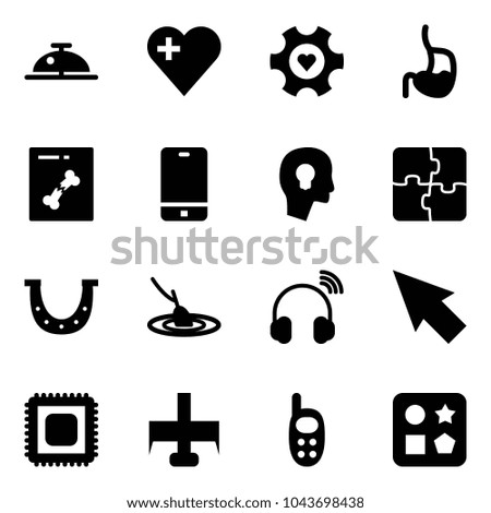 Solid vector icon set - client bell vector, heart, gear, stomach, x ray, phone, head bulb, puzzle, luck, fishing, wireless headphones, cursor, cpu, milling cutter, toy, cube hole