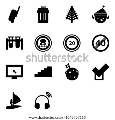 Solid vector icon set - suitcase vector, trash bin, christmas tree, elf, vial, no dangerous cargo road sign, speed limit 20, end, monitor cursor, stairs, moon flag, check, windsurfing
