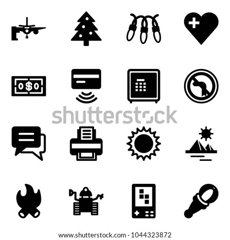 Solid vector icon set - boarding passengers vector, christmas tree, garland, heart, dollar, tap pay, safe, no left turn road sign, chat, printer, sun, pyramid, fire, robot, game console, beanbag