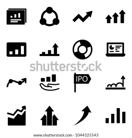 Solid vector icon set - statistics report vector, social, growth arrow, arrows up, circle chart, monitor, point, ipo
