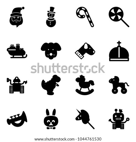 Solid vector icon set - santa claus vector, snowman, lollipop, sleigh, dog, crown, robot, dinosaur toy, rocking horse, wheel, horn, rabbit, unicorn stick