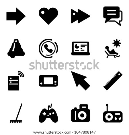 Solid vector icon set - right arrow vector, heart, fast forward, chat, bell, phone horn, statistics monitor, beach, server wireless, game console, cursor, ruler, rake, joystick, camera, radio