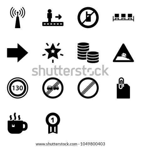 Solid vector icon set - antenna vector, travolator, no mobile sign, waiting area, right arrow, christmas star, coin, steep roadside road, speed limit 130, end overtake, attachment, hot tea