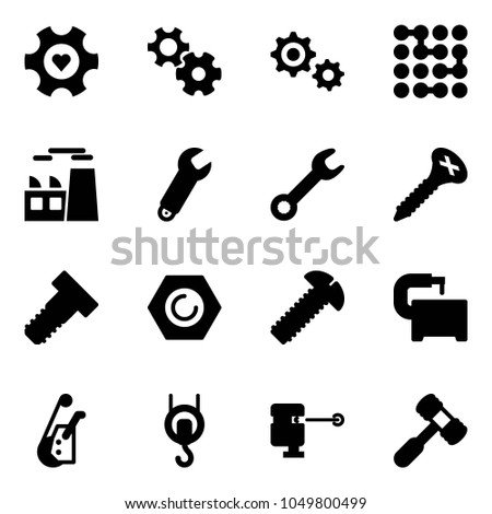 Solid vector icon set - heart gear vector, circuit, plant, wrench, screw, bolt, nut, machine tool, winch, laser lever, toy hammer