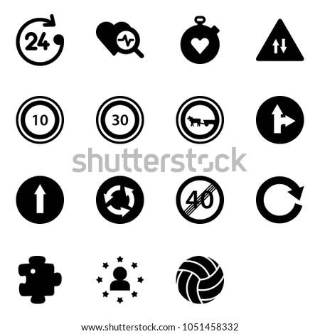 Solid vector icon set - 24 hours vector, heart diagnosis, stopwatch, oncoming traffic road sign, speed limit 10, 30, no cart horse, only forward right, circle, end, reload, puzzle, star man