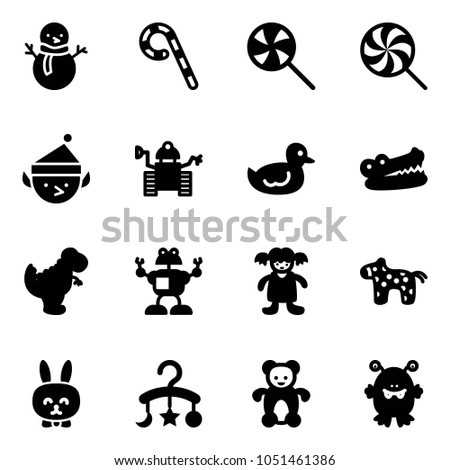 Solid vector icon set - snowman vector, lollipop, christmas elf, robot, duck toy, crocodile, dinosaur, doll, horse, rabbit, baby carousel, bear, monster