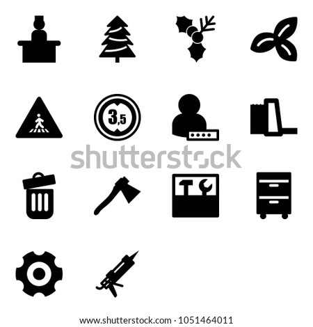 Solid vector icon set - recieptionist vector, christmas tree, holly, three leafs, pedestrian road sign, limited height, user password, water power plant, trash bin, axe, tool box, cabinet, gear