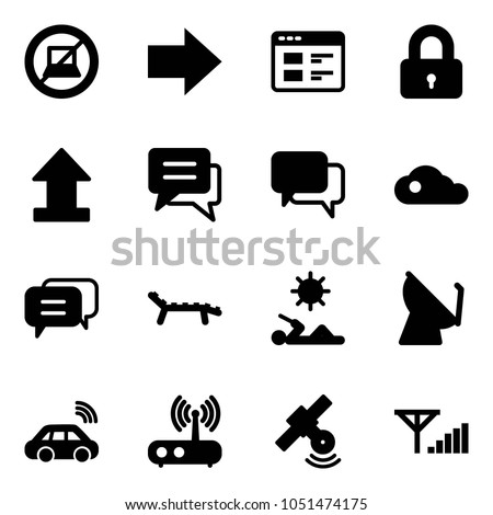 Solid vector icon set - no computer sign vector, right arrow, website, locked, uplooad, chat, dialog, cloud, lounger, reading, satellite antenna, car wireless, wi fi router, fine signal