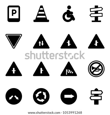 Solid vector icon set - parking sign vector, road cone, disabled, signpost, giving way, oncoming traffic, intersection, side wind, no horn, detour, circle, only right