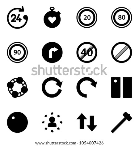 Solid vector icon set - 24 hours vector, stopwatch heart, speed limit 20 road sign, 80, 90, only right, end, no, friends, reload, redo, pause, record, star man, up down arrows, sledgehammer