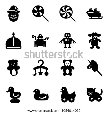 Solid vector icon set - santa claus vector, lollipop, sleigh, crown, robot, doll, bear toy, baby carousel, unicorn stick, duck, cat