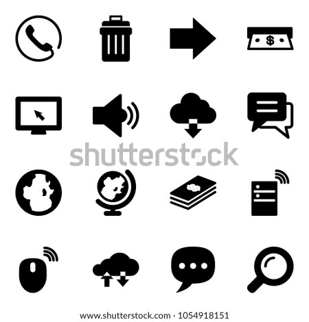Solid vector icon set - phone vector, trash bin, right arrow, cash, monitor cursor, volume medium, download cloud, chat, globe, dollar, server wireless, mouse, exchange data, magnifier