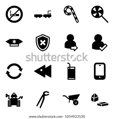 Solid vector icon set - no smoking sign vector, baggage truck, lollipop, candy, shield cross, user login, check, refresh, fast backward, drink, mobile phone, robot, plumber, wheelbarrow