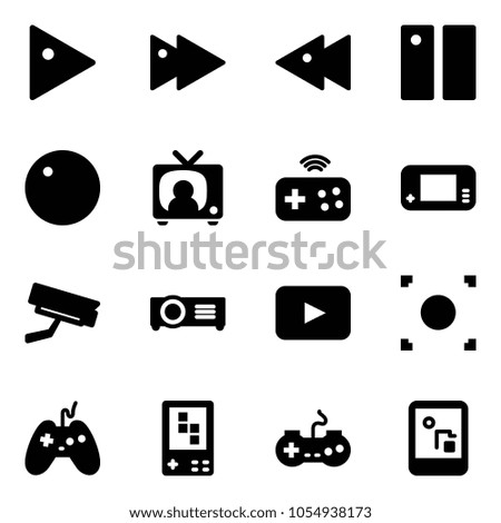 Solid vector icon set - play vector, fast forward, backward, pause, record, tv news, joystick wireless, game console, surveillance camera, projector, playback, button, gamepad