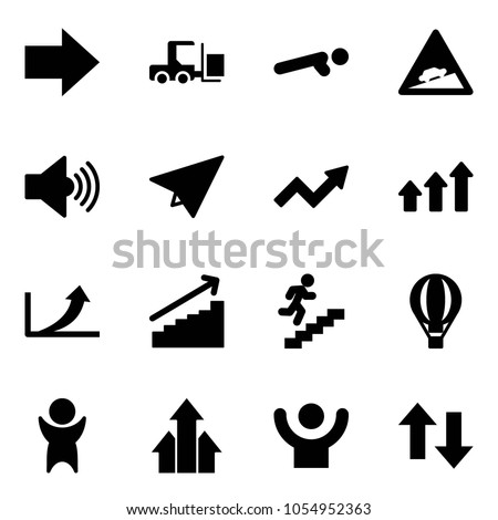 Solid vector icon set - right arrow vector, fork loader, push ups, climb road sign, volume max, paper plane, growth, arrows up, career, air balloon, success, down