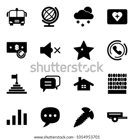 Solid vector icon set - airport bus vector, globe, snowfall, first aid kit, cash, volume off, star, phone horn, pyramid flag, dialog, home, binary code, chart, chat, screw, trailer