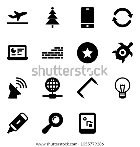 Solid vector icon set - departure vector, christmas tree, phone, refresh, statistics monitor, brick wall, star medal, sea turtle, satellite antenna, globe, staple, bulb, marker, beanbag