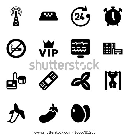 Solid vector icon set - antenna vector, taxi, 24 hours, alarm clock, no smoking sign, vip, diagnostic monitor, hospital building, tonometer, medical patch, three leafs, pull ups, banana, eggplant