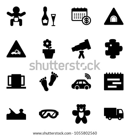 Solid vector icon set - baby vector, wine, calendar, tunnel road sign, car crash, flower pot, telescope, puzzle, doors, feet, wireless, terms plan, jointer, protective glasses, bear toy, truck