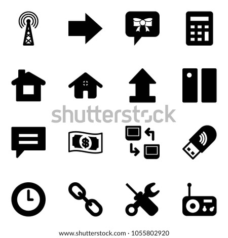 Solid vector icon set - antenna vector, right arrow, bow message, calculator, home, uplooad, pause, chat, money, data exchange, usb wi fi, clock, link, wrench screwdriver, radio