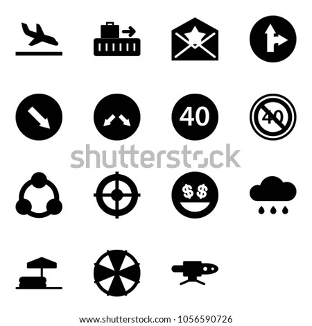 Solid vector icon set - arrival vector, baggage, star letter, only forward right road sign, detour, minimal speed limit, end, social, target, money smile, rain cloud, inflatable pool, parasol