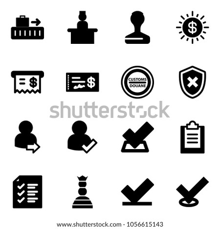Solid vector icon set - baggage vector, recieptionist, stamp, dollar sun, receipt, check, customs road sign, shield cross, user login, clipboard, list, chess queen