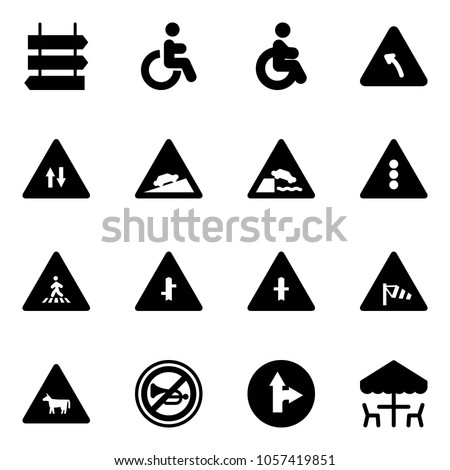 Solid vector icon set - sign post vector, disabled, turn left road, oncoming traffic, climb, embankment, light, pedestrian, intersection, side wind, cow, no horn, only forward right, outdoor cafe