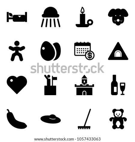 Solid vector icon set - hotel vector, shower, candle, dog, gymnastics, eggs, calendar, tunnel road sign, heart, win, sand fort, wine, banana, woman hat, rake, bear toy