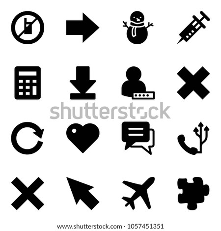 Solid vector icon set - no mobile sign vector, right arrow, snowman, syringe, calculator, download, user password, delete cross, reload, heart, chat, phone, cursor, plane, puzzle