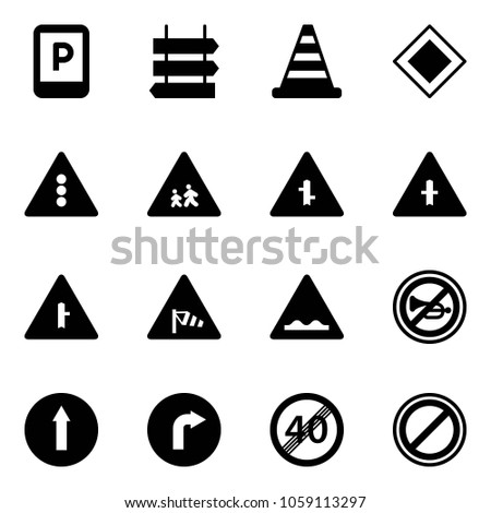 Solid vector icon set - parking sign vector, post, road cone, main, traffic light, children, intersection, side wind, rough, no horn, only forward, right, end speed limit