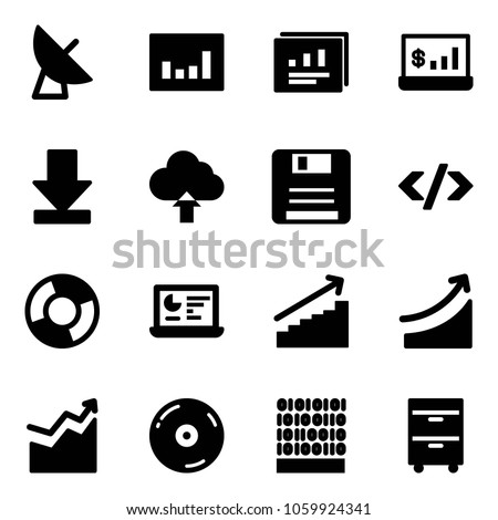 Solid vector icon set - satellite antenna vector, statistics, report, account, download, upload cloud, save, tag code, circle chart, monitor, growth, rise, cd, binary, tool cabinet