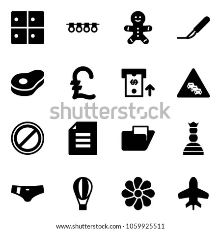 Solid vector icon set - baggage room vector, garland, cake man, scalpel, meat, pound, atm, multi lane traffic road sign, no parking, document, folder, chess queen, swimsuit, air balloon, flower