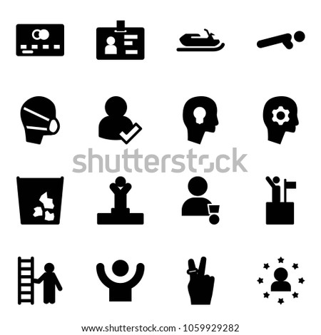 Solid vector icon set - credit card vector, identity, snowmobile, push ups, medical mask, user check, head bulb, brain work, garbage, winner, win, opportunity, success, victory, star man