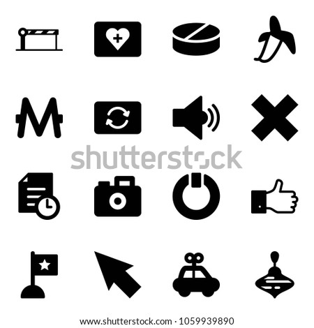 Solid vector icon set - barrier vector, first aid kit, pill, banana, monero, card exchange, volume medium, delete cross, history, camera, standby, finger up, flag, cursor, car toy, wirligig