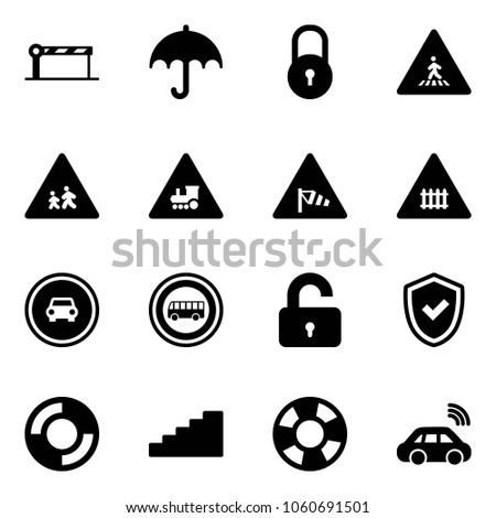 Solid vector icon set - barrier vector, insurance, lock, pedestrian road sign, children, railway intersection, side wind, no car, bus, unlocked, shield check, lifebuoy, stairs, wireless
