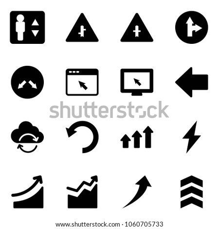 Solid vector icon set - elevator vector, intersection road sign, only forward right, detour, cursor browser, monitor, left arrow, refresh cloud, undo, arrows up, lightning, rise, growth, chevron